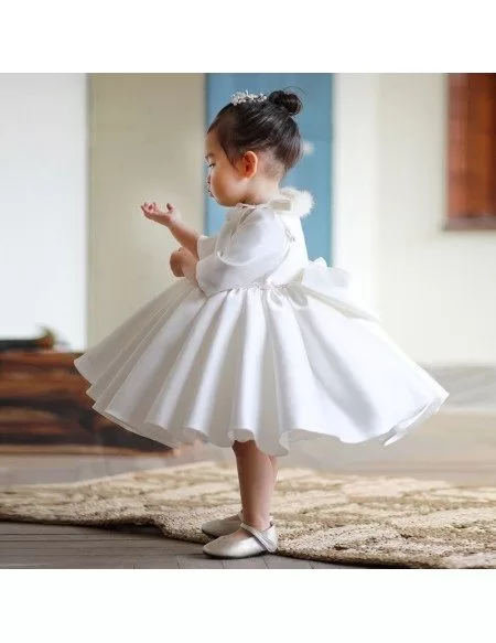 High-end Ivory Satin Flower Girl Dress Modern With Sleeves Toddler Girls Pageant Gown