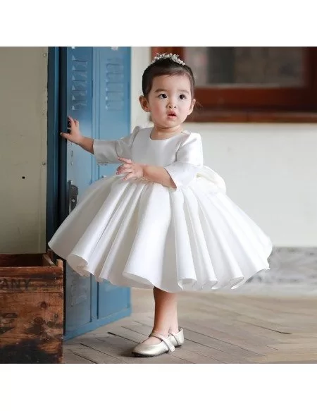 High-end Ivory Satin Flower Girl Dress Modern With Sleeves Toddler Girls Pageant Gown