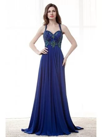 Unique Long Halter Royal Blue Prom Dress With Beaded Bodice