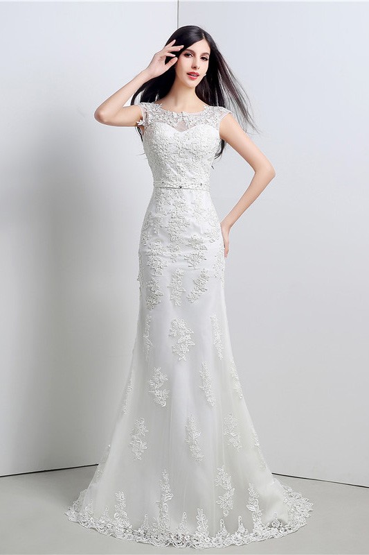 A-line Scoop Chapel Train Wedding Dress #C28237 $159 - GemGrace.com