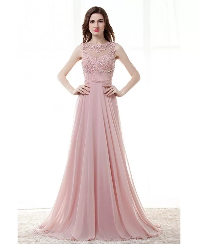 Light Pink A Line Long Prom Dress With Lace Beading Top #H76057