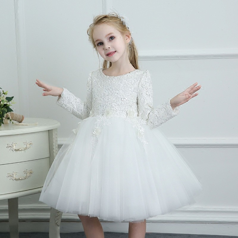 White Spring Tutus Flower Girl Dress Tulle Long Sleeves For Winter ...