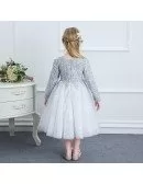 Beaded Grey Lace Couture Flower Girl Dress Spring Weddings With Long Sleeves
