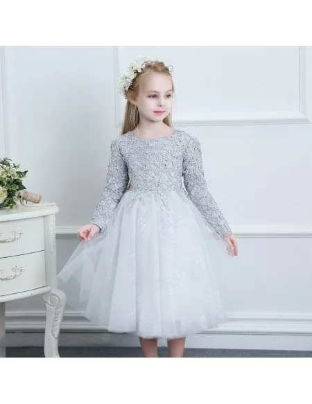 Beaded Grey Lace Couture Flower Girl Dress Spring Weddings With Long Sleeves