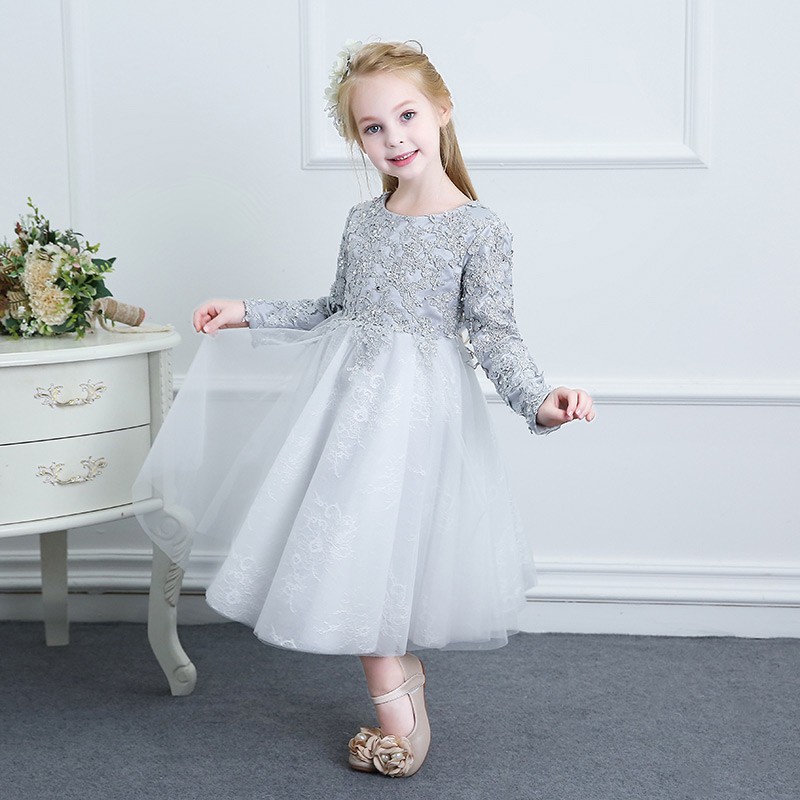 Beaded Grey Lace Couture Flower Girl Dress Spring Weddings With Long 