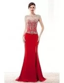 Slit Front Red Formal Dress Sleeveless With Sparkly Beading Top