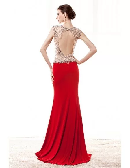 Slit Front Red Formal Dress Sleeveless With Sparkly Beading Top