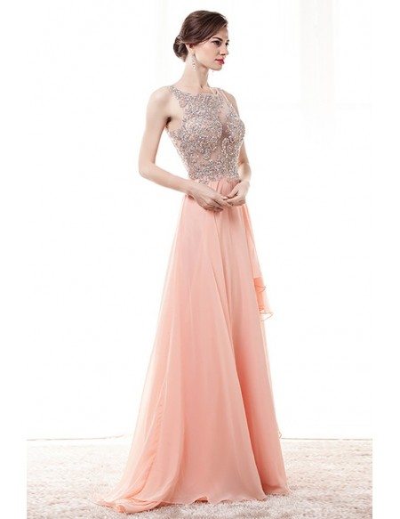 Gorgeous Pink A Line Prom Dress With Sheer Beading Top
