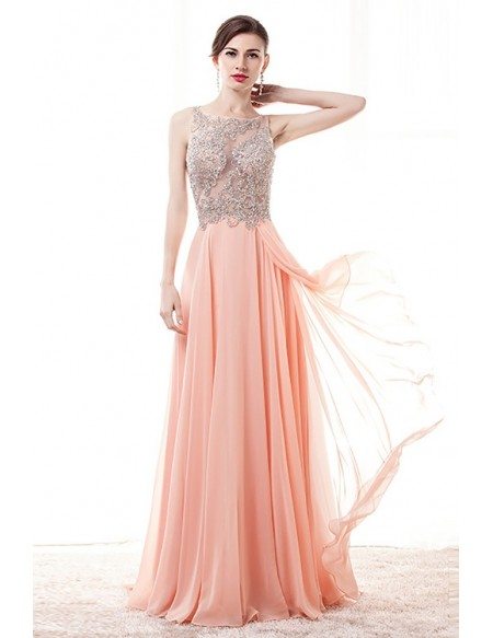 Gorgeous Pink A Line Prom Dress With Sheer Beading Top