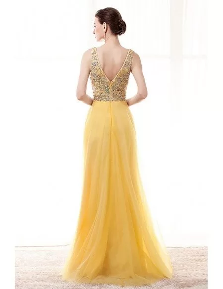 Princess Yellow A Line Prom Dress With Sparkly Beading V Neck