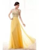 Princess Yellow A Line Prom Dress With Sparkly Beading V Neck