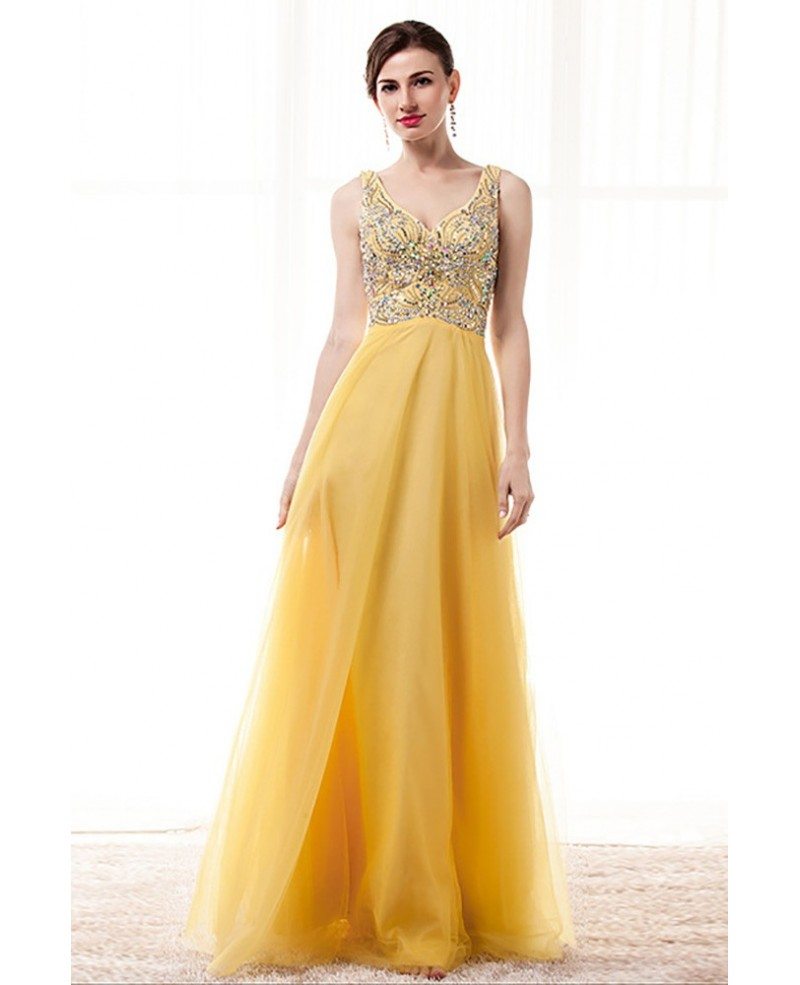 yellow glitter prom dress