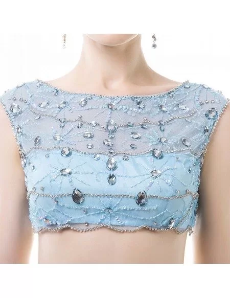 Crop Top Two Piece Prom Dress Sky Blue With Beading For Women
