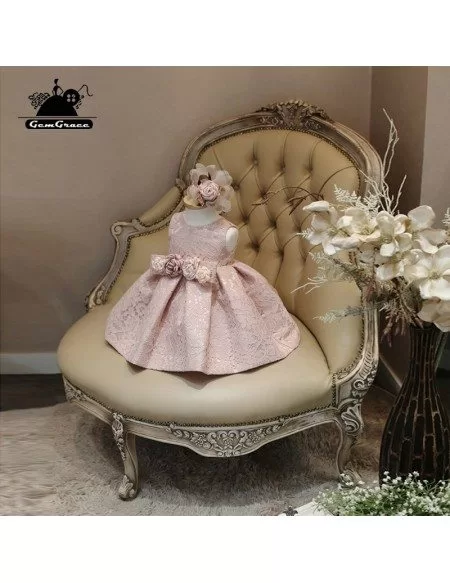 Blush Pink Lace Couture Flower Girl Dress With Flowers Pageant Dress For Girls