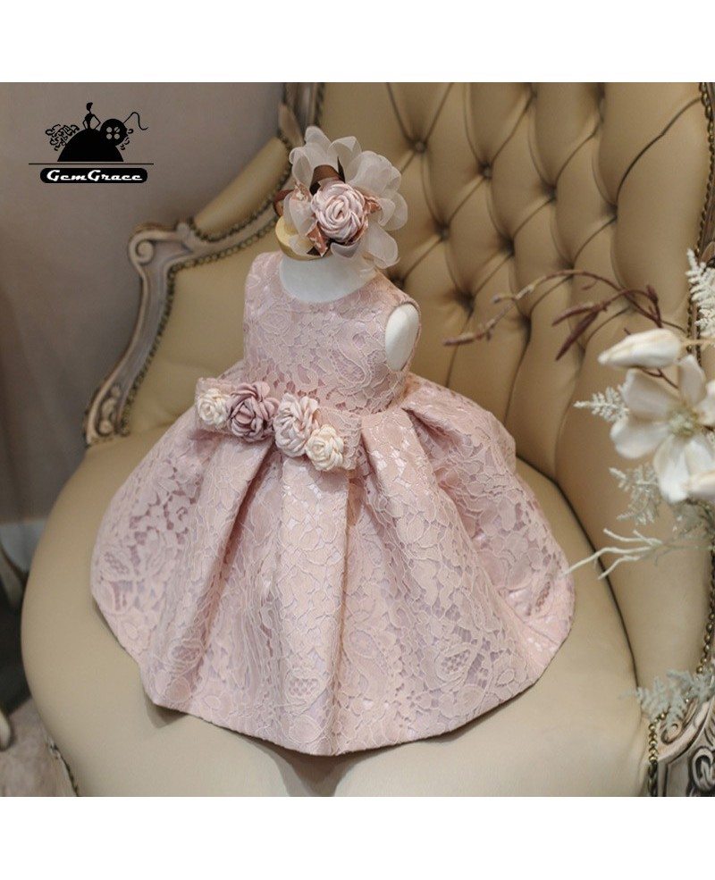 Blush Pink Lace Couture Flower Girl Dress With Flowers Pageant Dress ...