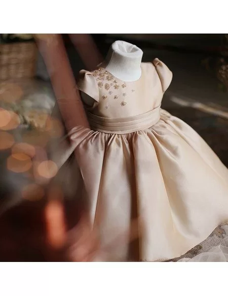 Vintage Champagne Ballgown Girls Pageant Gown Couture Flower Girl Dress With Bubble Sleeves