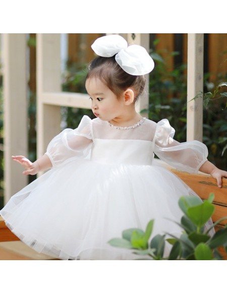Super Cute White Tutu Flower Girl Dress With Bubble Sleeves
