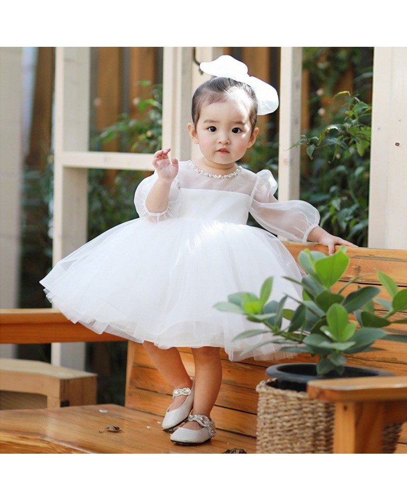Cute Sweet Long Sleeves Tulle White Flower Girl Dress · Dressmeet