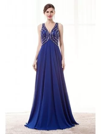 A Line Royal Blue Formal Dress With Unique Beading Open Back