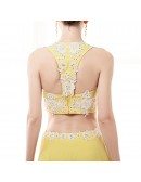2 Piece Yellow Semi Formal Dress Crop Top With Lace Beading