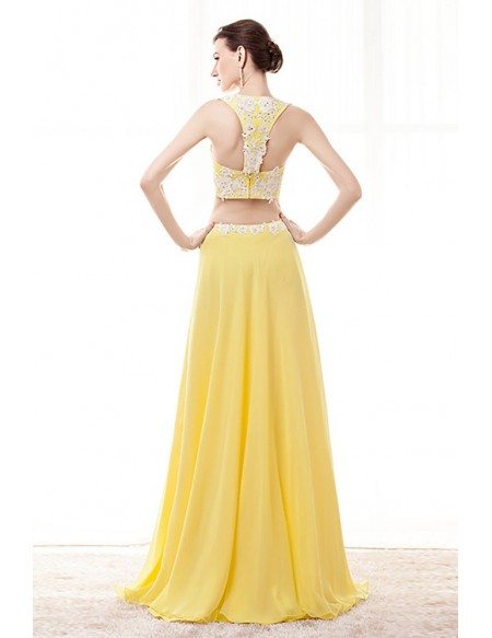 2 Piece Yellow Semi Formal Dress Crop Top With Lace Beading
