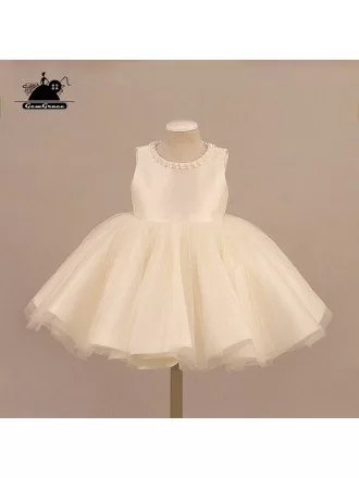 Cream White Tulle Beaded Flower Girl Dress Ballet Performance Pageant Gown