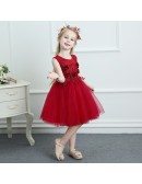 Burgundy Sleeveless Tulle Girls Pageant Gown Performance Party Dress