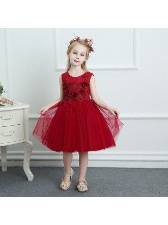 Burgundy Sleeveless Tulle Girls Pageant Gown Performance Party Dress