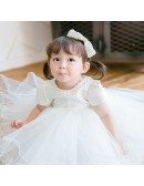Lovely Princess White Puffy Beaded Flower Girl Dress With Short Sleeves