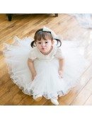 Lovely Princess White Puffy Beaded Flower Girl Dress With Short Sleeves