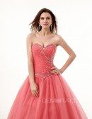 Red Ballgown Beaded Sweetheart Long Tulle Prom Dress