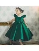 Vintage Couture Green Satin Flower Girl Dress With Bubble Sleeves For Formal