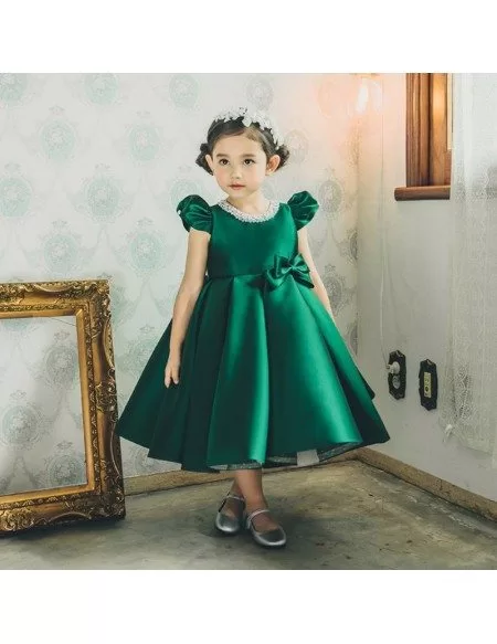 Vintage Couture Green Satin Flower Girl Dress With Bubble Sleeves For Formal