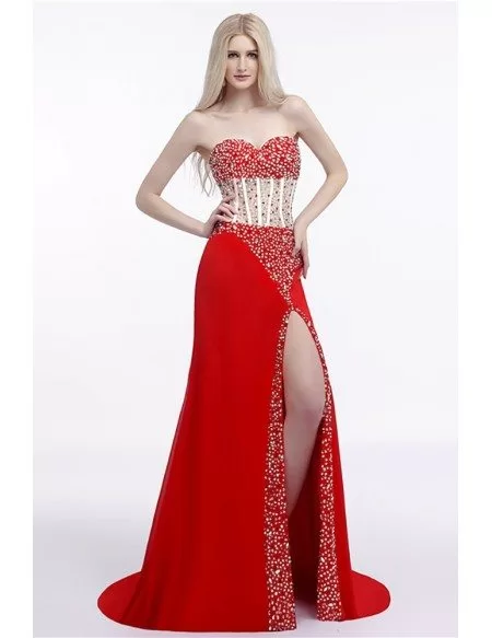 Sparkly Sequined Slit Prom Dress Strapless Red For Women