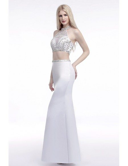 Backless Halter Crop Top Prom Dress White 2 Piece With Crystals