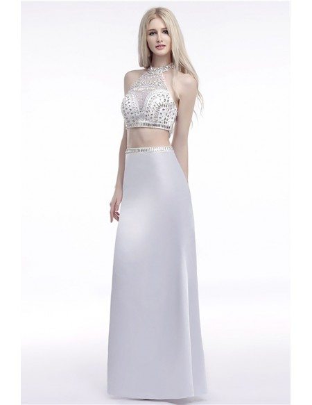 Backless Halter Crop Top Prom Dress White 2 Piece With Crystals #H76073 ...