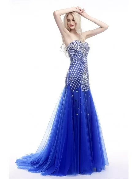 Elegant Fit And Flare Formal Dress Royal Blue With Shiny Crystals # ...
