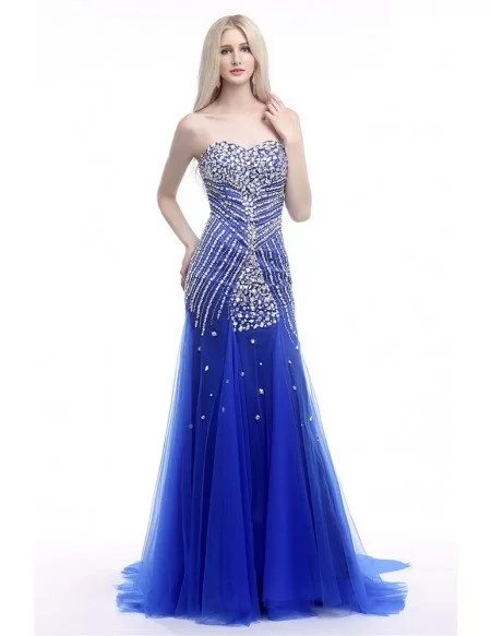 Elegant Fit And Flare Formal Dress Royal Blue With Shiny Crystals # ...
