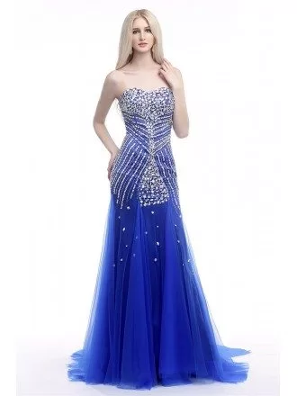 Elegant Fit And Flare Formal Dress Royal Blue With Shiny Crystals