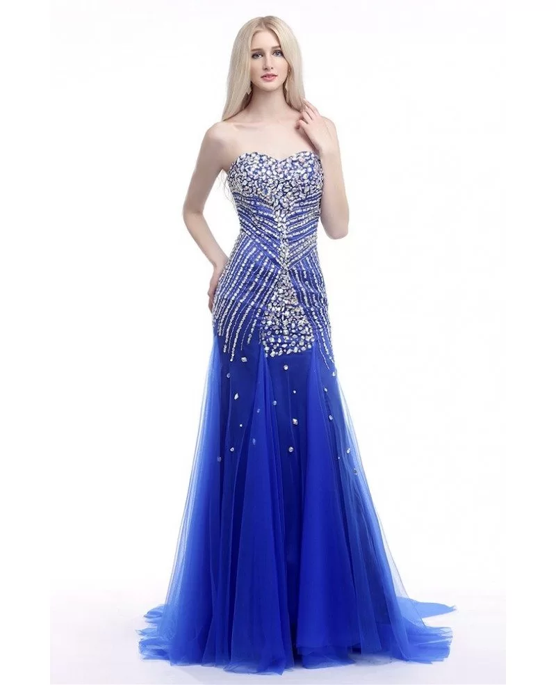 Elegant Fit And Flare Formal Dress Royal Blue With Shiny Crystals #