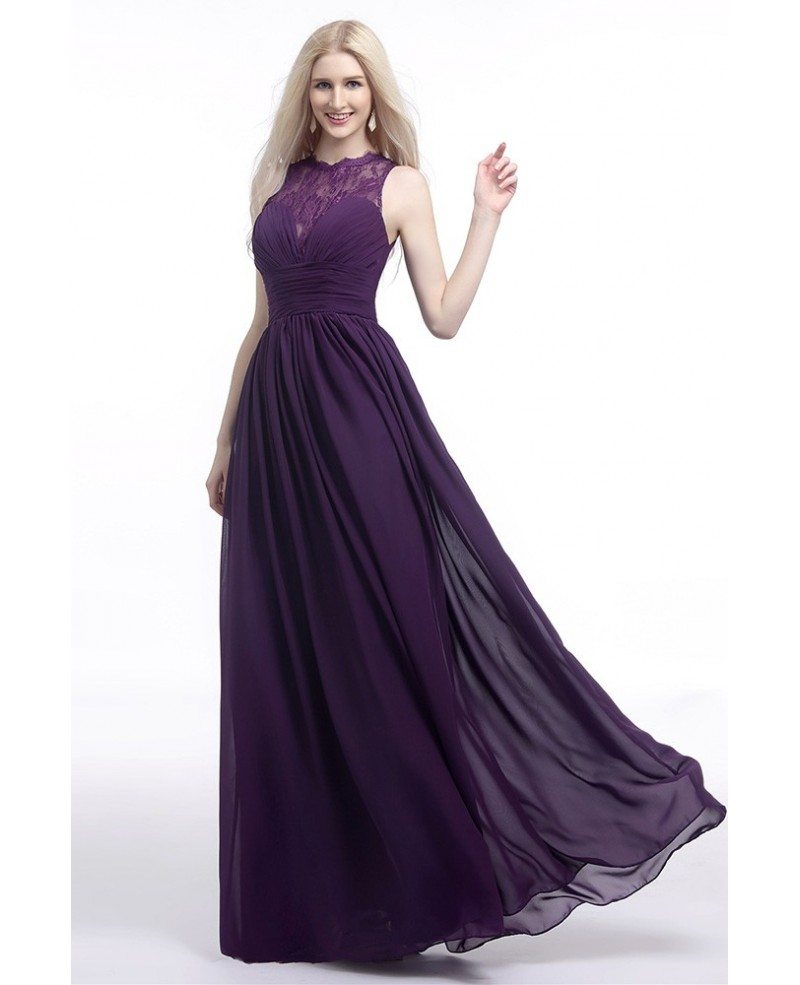 Flowy Chiffon Purple Prom Dress Long With Lace Sheer Top 2018 H76077