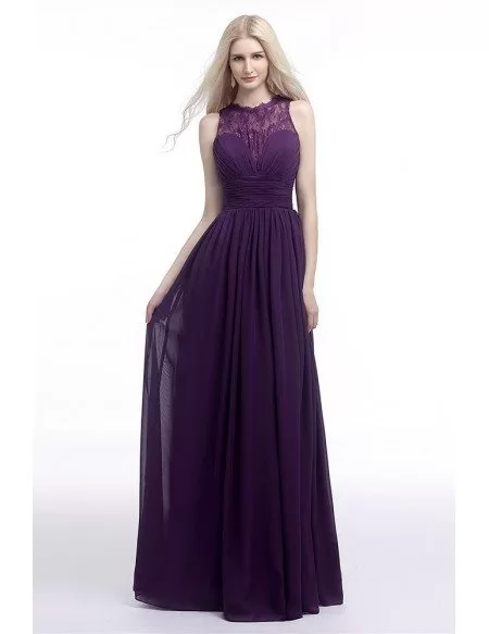 Flowy Chiffon Purple Prom Dress Long With Lace Sheer Top 2018
