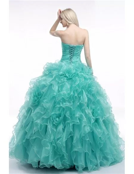 Turquoise Ball Gown Prom Dress With Cascading Ruffles For Juniors