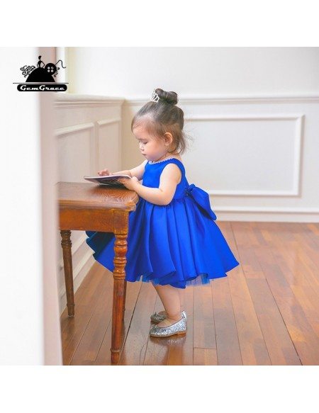 Blue Satin Couture Flower Girl Dress Elegant Summer Weddings With Bow