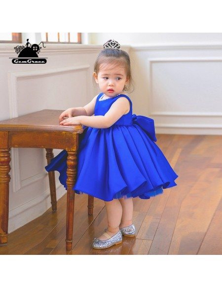 Blue Satin Couture Flower Girl Dress Elegant Summer Weddings With Bow