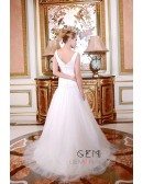 A-Line V-neck Court Train Organza Wedding Dress With Appliquer Lace Pleated Bow