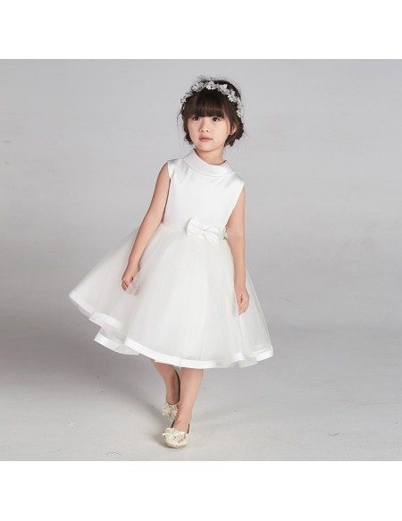 Elegant White High Neck Girls Pageant Gown With Sleeves For Weddings