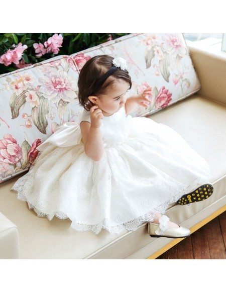 High-end Puffy White Lace Flower Girl Dress Toddler Pageant Party Dress