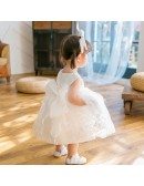 Elegant Ivory Lace Wedding Dress Flower Girl Pageant Gown With Bow In Back