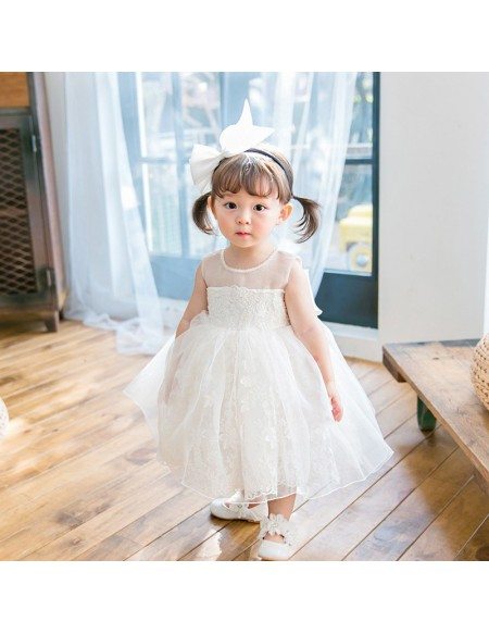Elegant Ivory Lace Wedding Dress Flower Girl Pageant Gown With Bow In Back